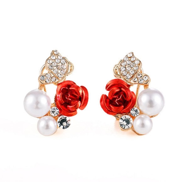 **EMBER* Gold x Red Rose Fashion Stud Earrings - Picture 1 of 7